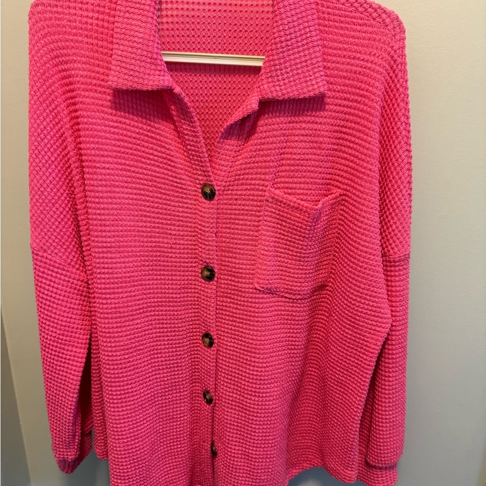 Women's Hot Pink Button-Up Knit Top
